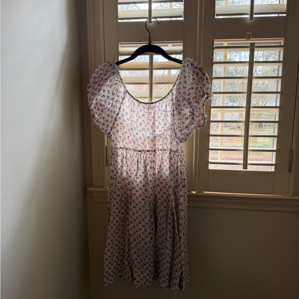 Doen White Floral Dress with Red and Blue Accents